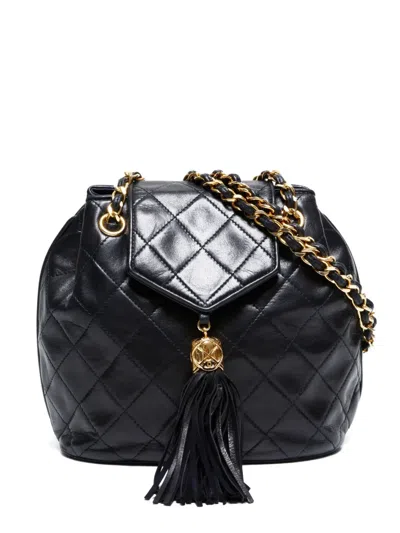 Pre-owned Chanel 1989-1991 Quilted Chain Backpack In Black
