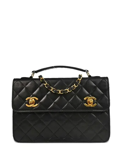 Pre-owned Chanel 1989-1991 Quilted Two-way Chain Tote Bag In Black