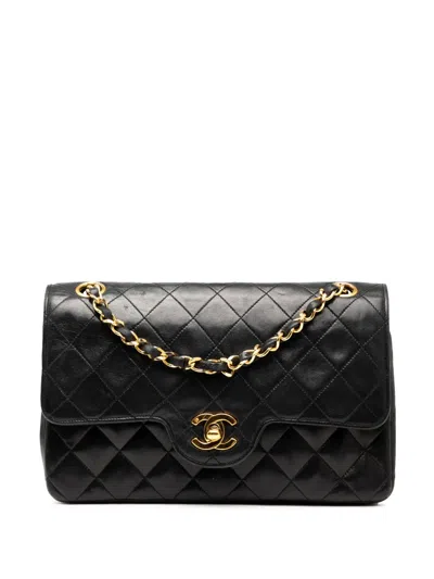 Pre-owned Chanel 1989-1991 Small Cc Quilted Lambskin Double Flap Shoulder Bag In Black