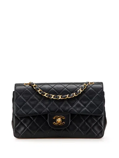 Pre-owned Chanel 1989-1991 Small Classic Lambskin Double Flap Shoulder Bag In Black