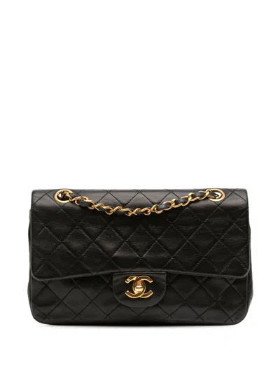 Pre-owned Chanel 1989-1991 Small Classic Lambskin Double Flap Shoulder Bag In Black