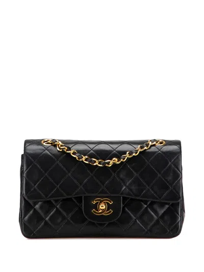 Pre-owned Chanel 1989-1991 Small Classic Lambskin Double Flap Shoulder Bag In Black