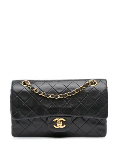 Pre-owned Chanel 1989-1991 Small Classic Lambskin Double Flap Shoulder Bag In Black
