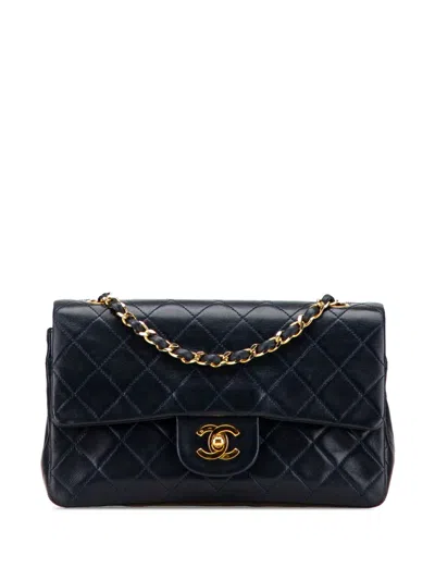 Pre-owned Chanel 1989-1991 Small Classic Lambskin Double Flap Shoulder Bag In Blue
