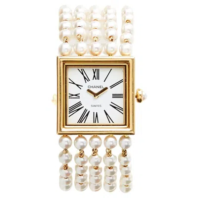 Pre-owned Chanel 1989 Montre Mademoiselle 16 Cm Yellow Gold Pearls Bracelet Watch M