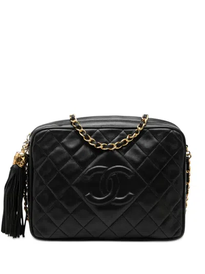 Pre-owned Chanel 1989-1991 Cc Quilted Lambskin Tassel Camera Bag Crossbody Bag In Black