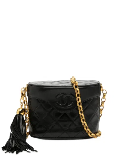 Pre-owned Chanel 1989-1991 Cc Quilted Lambskin Tassel Vanity Bag Crossbody Bag In Black