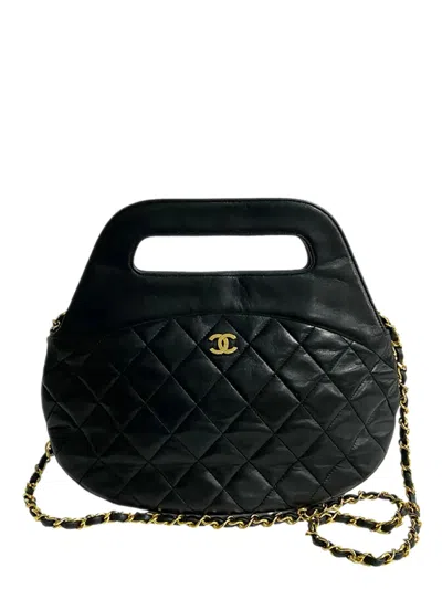Pre-owned Chanel 1989-1991 Cc Quilted Lambskin Top Handle Round Frame Bag Satchel In Black