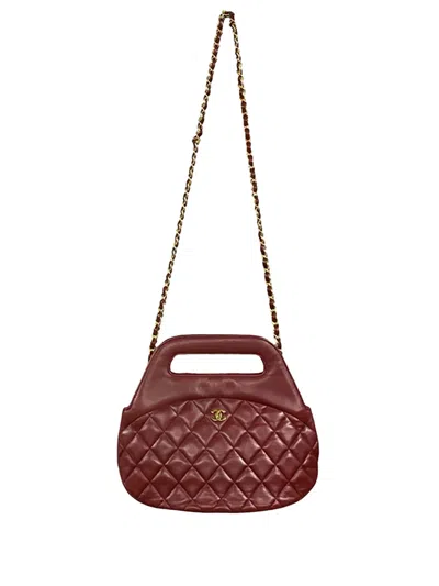 Pre-owned Chanel 1989-1991 Cc Quilted Lambskin Top Handle Round Frame Bag Satchel In Red