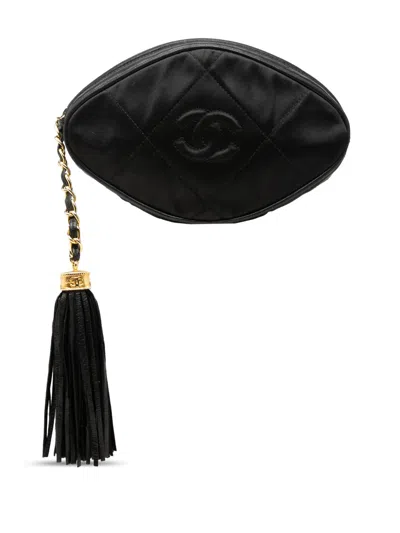 Pre-owned Chanel 1989-1991 Cc Quilted Satin Tassel Clutch Bag In Black