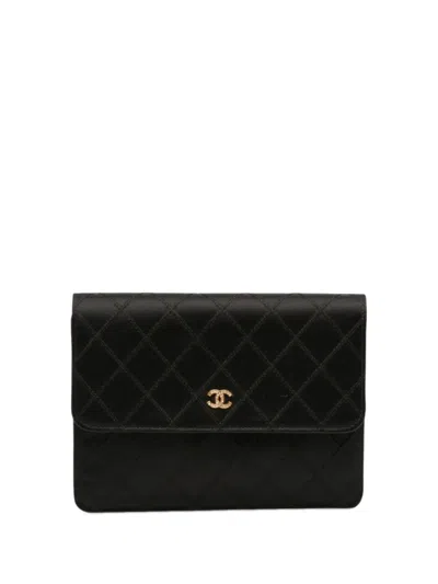 Pre-owned Chanel 1989-1991 Cc Satin Diamond Stitch Clutch Bag In Black