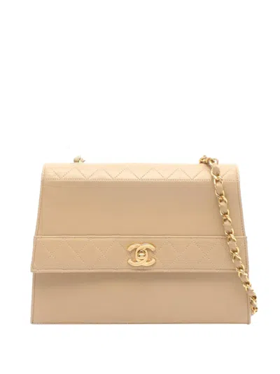Pre-owned Chanel 1989-1991 Cc Turnlock Trapezoid Flap Shoulder Bag In Neutral