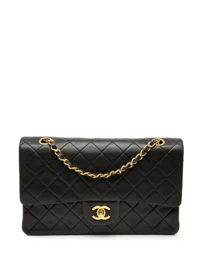 Pre-owned Chanel 1989-1991 Medium Classic Lambskin Double Flap Shoulder Bag In Black