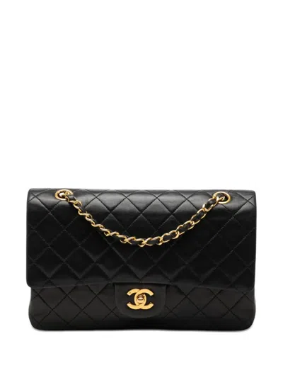 Pre-owned Chanel 1989-1991 Medium Classic Lambskin Double Flap Shoulder Bag In Black