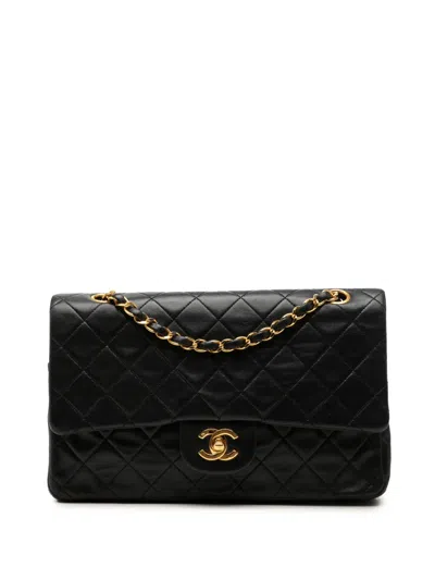 Pre-owned Chanel 1989-1991 Medium Classic Lambskin Double Flap Shoulder Bag In Black