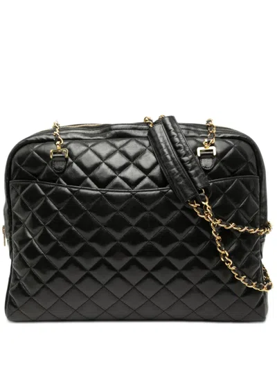 Pre-owned Chanel 1989-1991 Quilted Lambskin Chain Shoulder Bag In Black