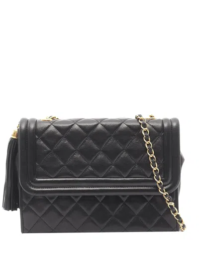 Pre-owned Chanel 1989-1991 Quilted Lambskin Tassel Flap Crossbody Bag In Black