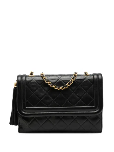 Pre-owned Chanel 1989-1991 Quilted Lambskin Tassel Flap Crossbody Bag In Black