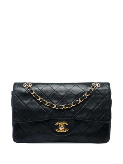Pre-owned Chanel 1989-1991 Small Classic Lambskin Double Flap Shoulder Bag In Black