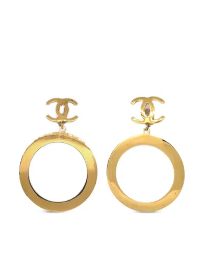 Pre-owned Chanel 1990-2000 Cc Dangle Hoop Clip-on Earrings In Gold