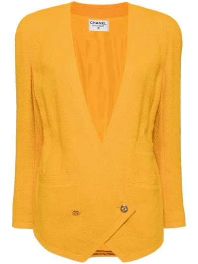 Pre-owned Chanel 1990-2000's Double Breasted Collarrless Jacket In Yellow