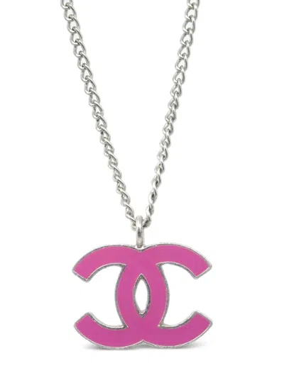 Pre-owned Chanel 1990-2000 Enamel-detail Cc-pendant Necklace In Silver