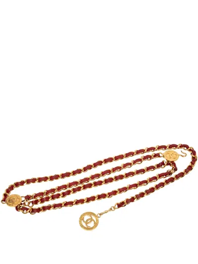 Pre-owned Chanel 1990-2000 Gold Plated Leather Woven Medallion Chain Belt In Red