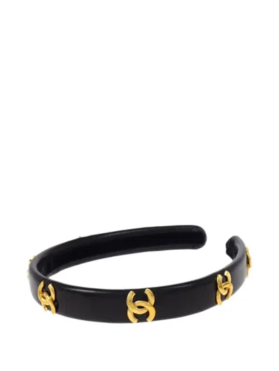 Pre-owned Chanel 1990-2000 Interlocking Cc Leather Headband In Black