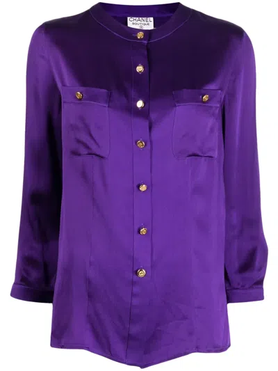 Pre-owned Chanel 1990-2000 Logo-buttons Collarless Silk Shirt In Purple
