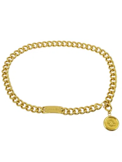Pre-owned Chanel 1990-2000 Logo Charm Curb-link Chain Belt In Gold