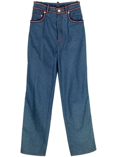 Pre-owned Chanel 1990-2000s Braided-trim Straight-leg Jeans In Blue