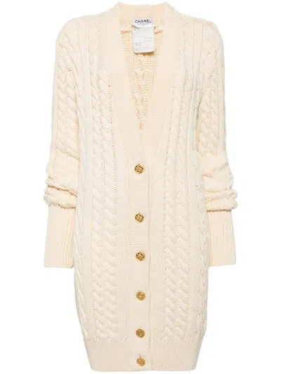 Pre-owned Chanel 1990-2000s Cable-knit Wool Cardigan In Neutrals