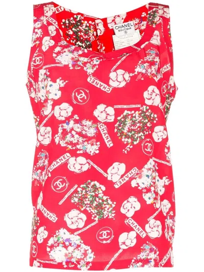 Pre-owned Chanel 1990-2000s Camellia Print Silk Tank Top In Pink