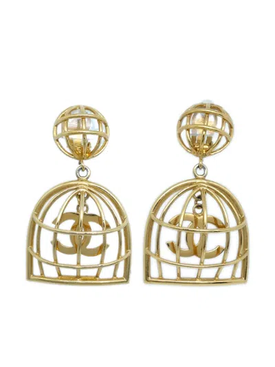 Pre-owned Chanel 1990-2000s Cc Birdcage Clip-on Earrings In Gold