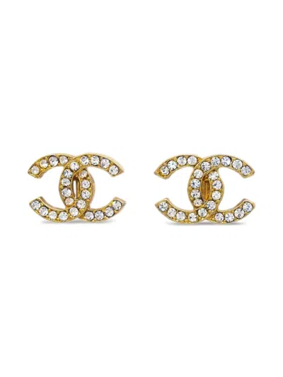 Pre-owned Chanel 1990-2000s Cc Crystal-embellished Earrings In Gold