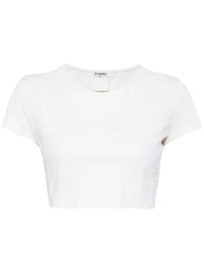Pre-owned Chanel 1990-2000s Cc-embroidered Cropped T-shirt In 白色