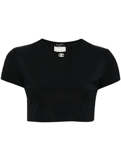 Pre-owned Chanel 1990-2000s Cc-embroidered Cropped T-shirt In 黑色