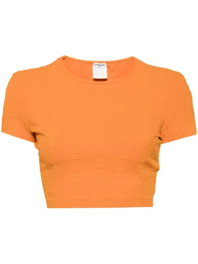 Pre-owned Chanel 1990-2000s Cc-embroidered Cropped T-shirt In Orange