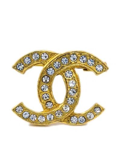 Pre-owned Chanel 1990-2000s Cc Rhinestone Brooch In Gold