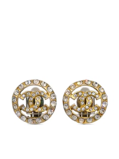 Pre-owned Chanel 1990-2000s Cc Rhinestone-embellished Clip-on Earrings In Gold