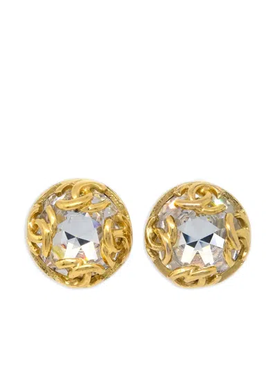 Pre-owned Chanel 1990-2000s Cc Rhinestone-embellished Earrings In Gold