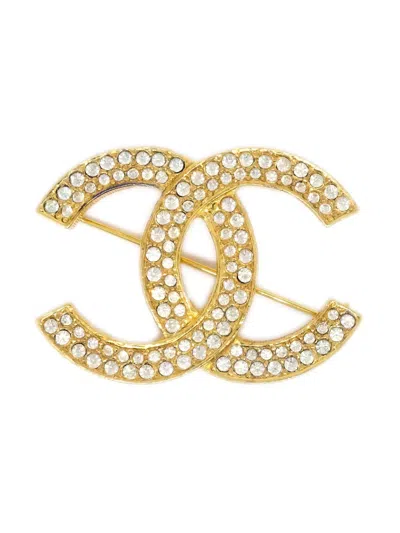 Pre-owned Chanel 1990-2000s Cc Rhinestone-embellishment Brooch In Gold