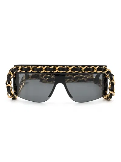 Pre-owned Chanel 1990-2000s Leather-and-chain Trimmed Shield Sunglasses In Black