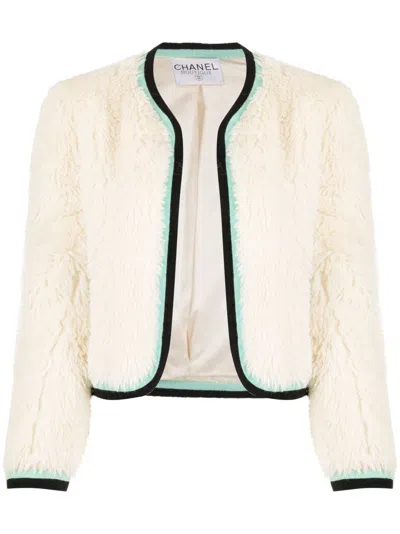 Pre-owned Chanel 1990-2000s Logo-embroidered Collarless Jacket In White