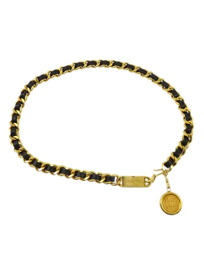 Pre-owned Chanel 1990-2000s Medallion Leather-and-chain Belt In Gold