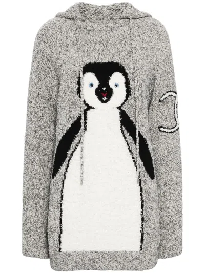 Pre-owned Chanel 1990-2000s Penguin-motif Knitted Hoodie In Grey