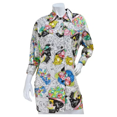 Pre-owned Chanel 1990's Cc Buttons Abstract Print Blouse In Gray