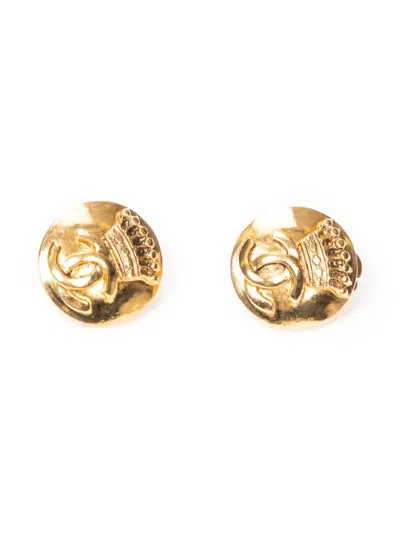 Pre-owned Chanel 1990 Cc-embossed Earrings In Gold