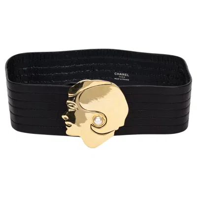 Pre-owned Chanel 1990's  Black Leather Gold Coco Buckle Belt With Pearl 70cm