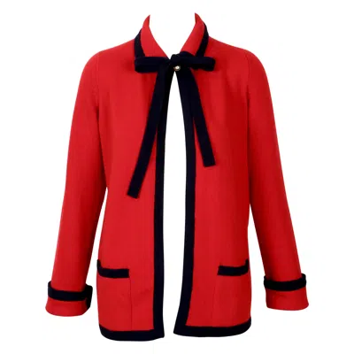 Pre-owned Chanel 1990's  Classic Red And Navy Blue Cashmere Cardigan Sweater